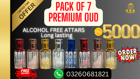 "Premium Oud Attars Pack | 7 پریمیم عود اٹارز | Alcohol-Free Perfume | لمبی دیر تک رہنے والی خوشبو | Best Long-Lasting Fragrance in Pakistan - Free Delivery